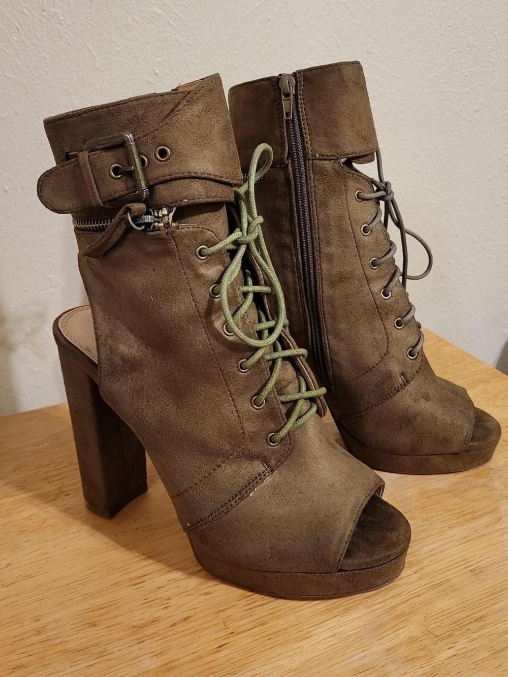 Women’s Lace-Up Peep Toe Ankle Bootie - Olive